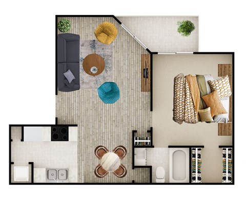 Floor plan for 1 bed, 1 bath, 594 sqft